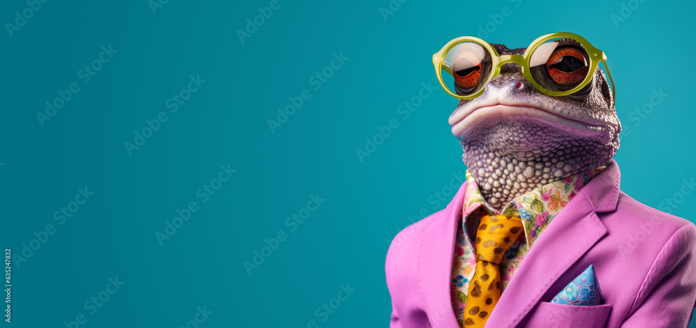 Cool looking frog wearing funky fashion dress - jacket, tie, glasses. Wide banner with space for text left side. Stylish animal posing as supermodel. Generative AI - obrazy, fototapety, plakaty 