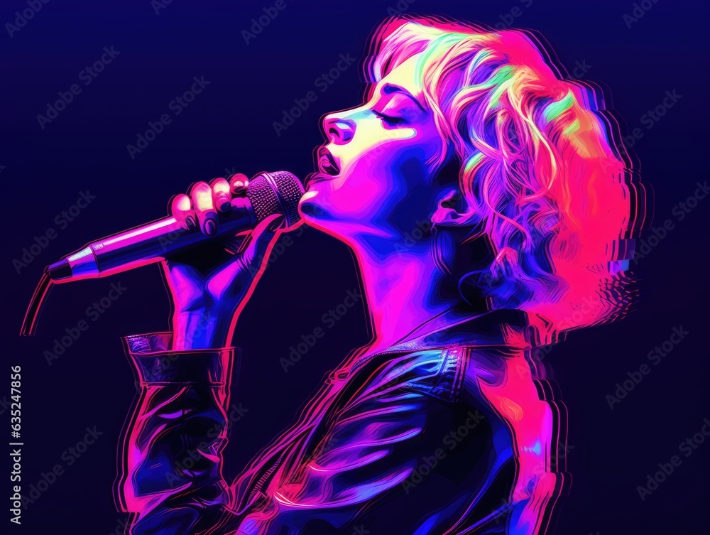 Illustration of a woman with a rockstar style singing into a microphone wearing a leather jacket. Generative AI Illustration of a woman with a rockstar style singing into a microphone wearing a leather jacket. Generative AI