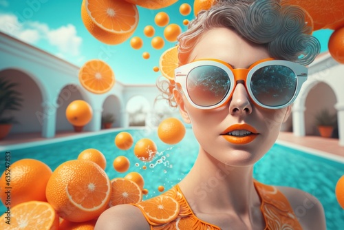 Sun-Kissed Serenity  The Charismatic Orange Woman  Radiantly Adorned with Stylish Sunglasses  Lounging on a Terrace by the Pool  Embodiment of Tropical Summer Vacation Concept  Captured in an Epic Wal