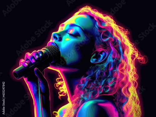 Illustration of a woman singing into a microphone in vibrant neon colors. Generative AI