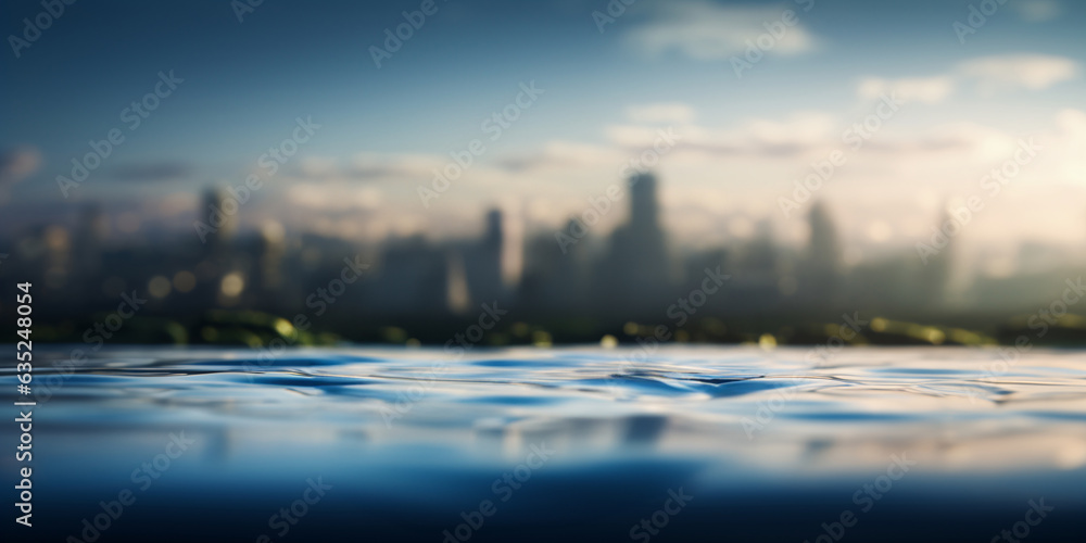 Fototapeta premium Blue water and small ripples in the foreground, a blurred city skyline in the distance, perfect for product presentation.