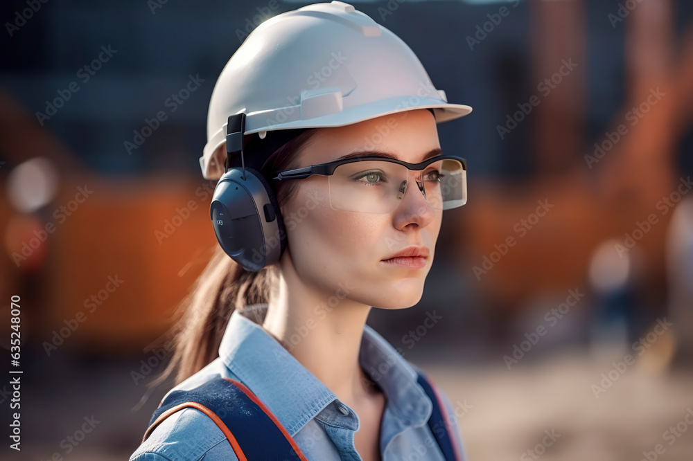 Young Engineer at Work: Confident Woman Donning Safety Helmet in Construction Site, ai generative Young Engineer at Work: Confident Woman Donning Safety Helmet in Construction Site, ai generative
