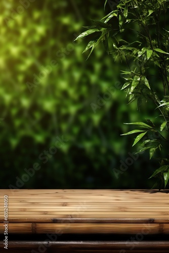 Wooden table on bamboo plant background for production