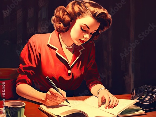 Illustration of a woman writing in a book, capturing her creativity and intellectual pursuits. Generative AI