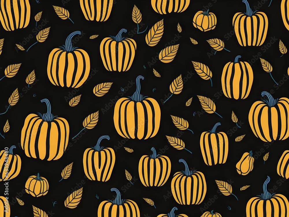Orange Halloween pumpkins and autumn fall leaves pattern on black background Orange Halloween pumpkins and autumn fall leaves pattern on black background