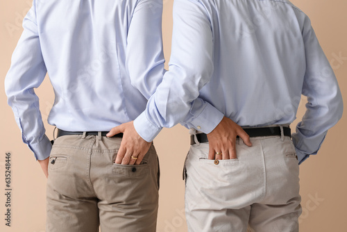 Married gay couple on beige background, back view