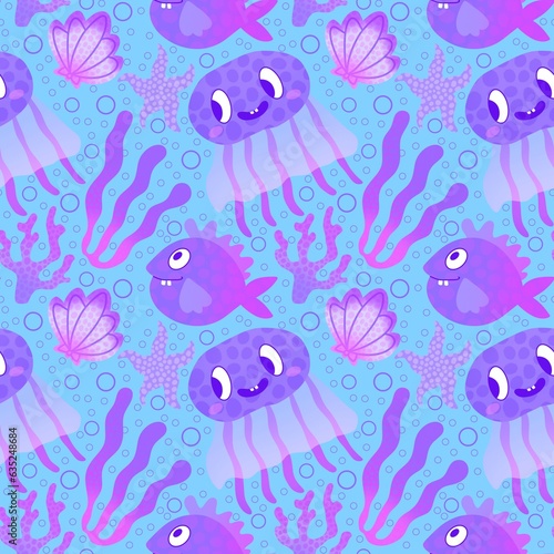 Cartoon fish seamless jellyfish and shall and coral pattern for fabrics and wrapping paper and kids clothes print © Tetiana