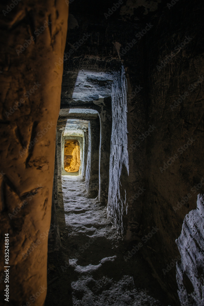 Shmarnenskaya cave. Old abandoned underground chalky monastery