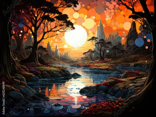 Illustration of a breathtaking sunset over a serene river. Generative AI