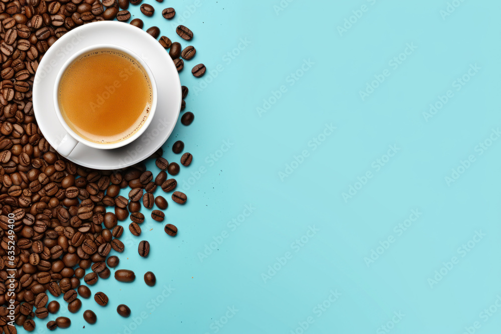 Obraz premium White Coffee Cup with Saucer Surrounded by Brown Coffee Beans on Light Blue Background Generative AI