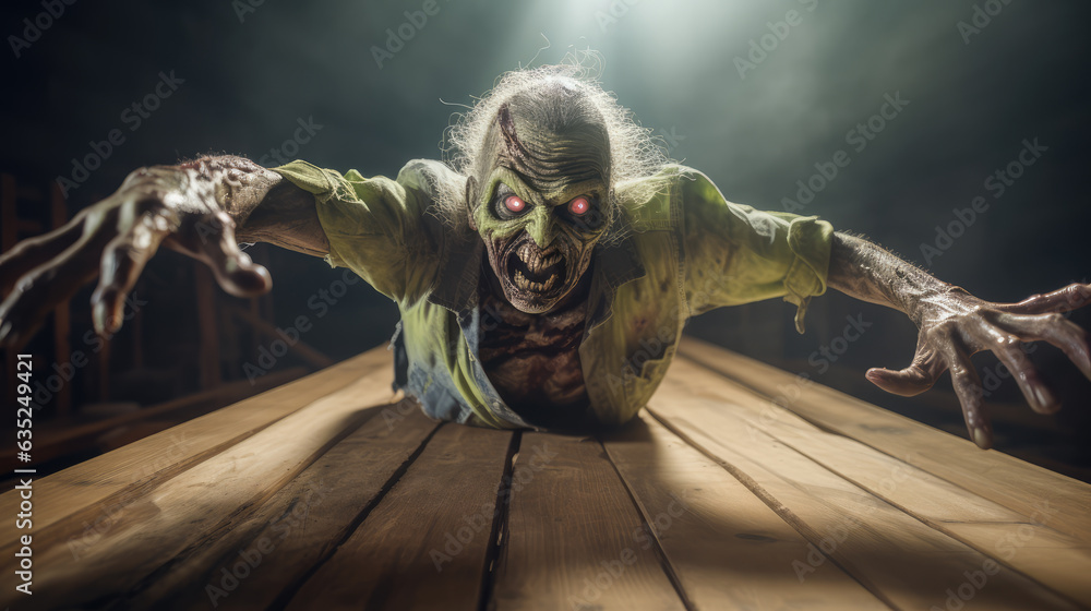 Scary zombie towards the camera in horror and Halloween scenario. - obrazy, fototapety, plakaty 