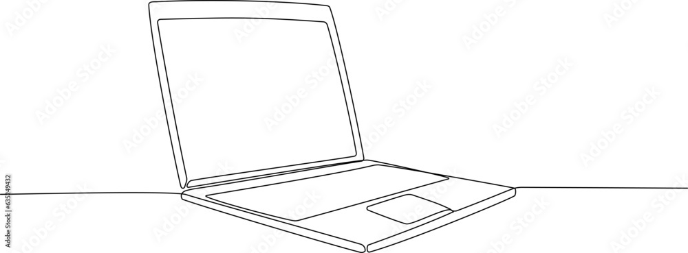 One continuous line drawing of computer laptop, and a cup of coffee. Vector illustration
