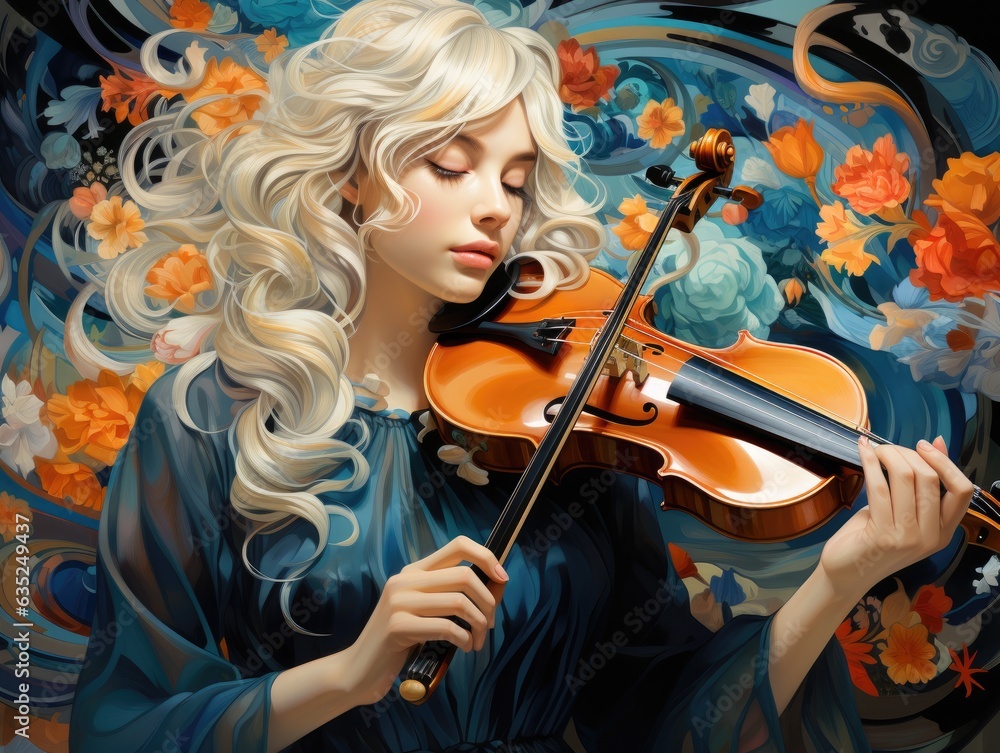 Illustration of a woman playing the violin in a beautiful painting. Generative AI