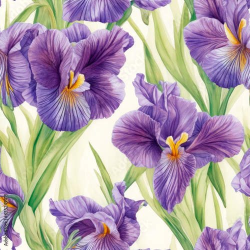 Watercolor style iris flowers seamless pattern and white background. Generative AI