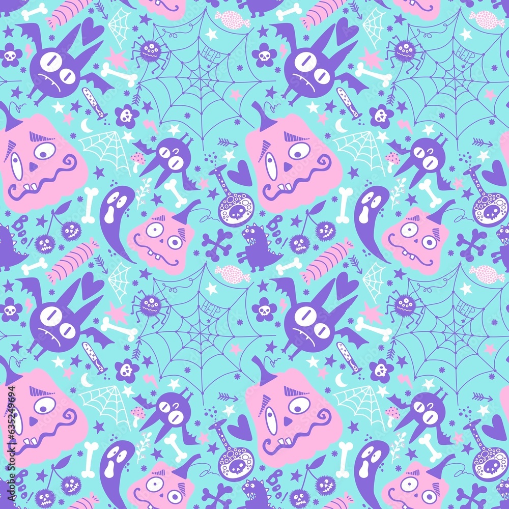 Halloween cartoon pumpkins seamless bat and ghost and candy and web pattern for wrapping paper and fabrics Halloween cartoon pumpkins seamless bat and ghost and candy and web pattern for wrapping paper and fabrics