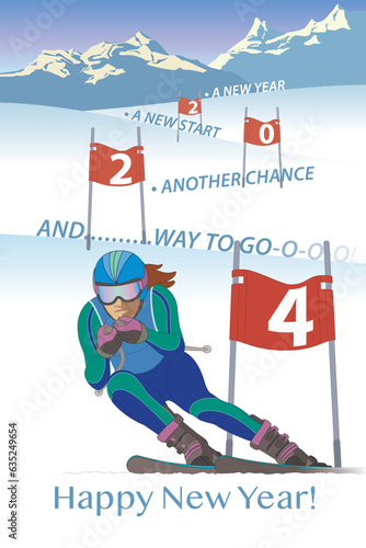 2024 happy new year concept of skier racing downhill passing flag with year and message of a new start and another chance, portrait
