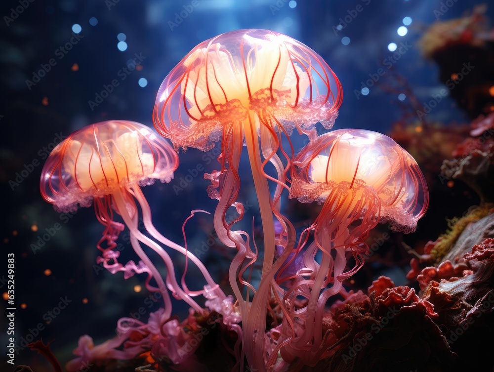 Illustration of a mesmerizing display of jellyfish swimming gracefully in an aquarium. Generative AI
