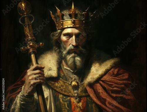Illustration of a regal man holding a cross and wearing a crown in a painting. Generative AI