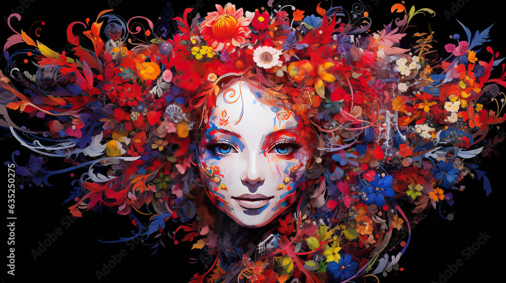 Girls face design with her hair completely replaces with colourful flowers.