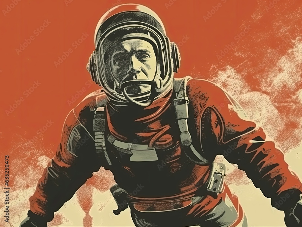 Fototapeta premium Illustration of a man wearing a space suit, exploring the unknown. Generative AI