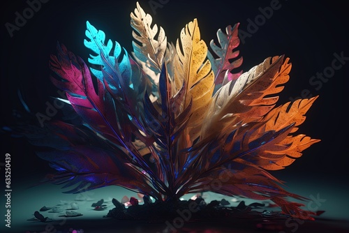 Abstract plant with leaves in neon colors on a dark background. Generative AI © Natali