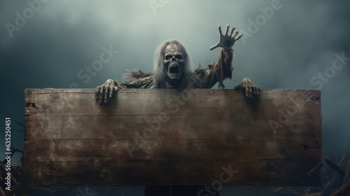 Zombie coming out of the ground holding wooden sign for party invitation in Halloween setting.