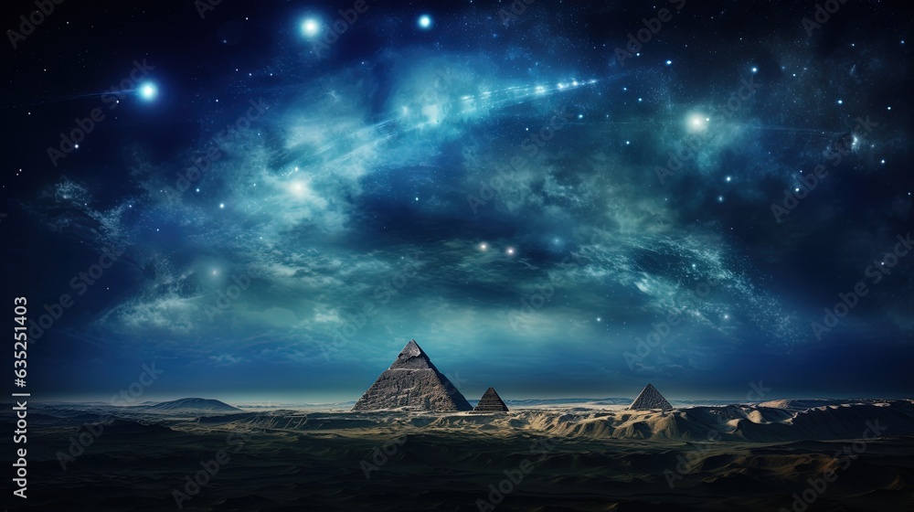 Landscape with ancient Egyptian pyramids, night view. AI generation Landscape with ancient Egyptian pyramids, night view. AI generation
