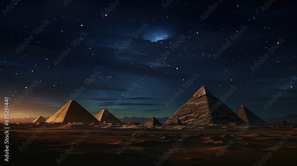 Landscape with ancient Egyptian pyramids, night view. AI generation - obrazy, fototapety, plakaty 