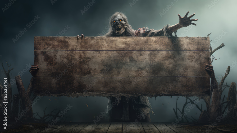 Zombie coming out of the ground holding wooden sign for party invitation in Halloween setting. - obrazy, fototapety, plakaty 