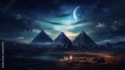 Landscape with ancient Egyptian pyramids  night view. AI generation