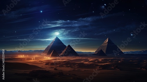 Landscape with ancient Egyptian pyramids, night view. AI generation