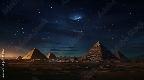 Landscape with ancient Egyptian pyramids  night view. AI generation