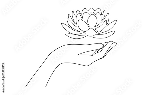 Continuous one line drawing of human hand with lotus flower. Water lily buddhism concept in simple linear style. Editable stroke. Doodle outline vector illustration