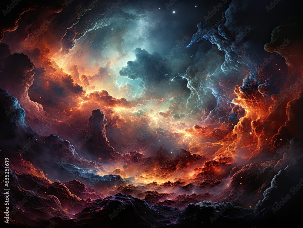 Illustration of a vibrant sky filled with swirling clouds and sparkling stars. Generative AI
