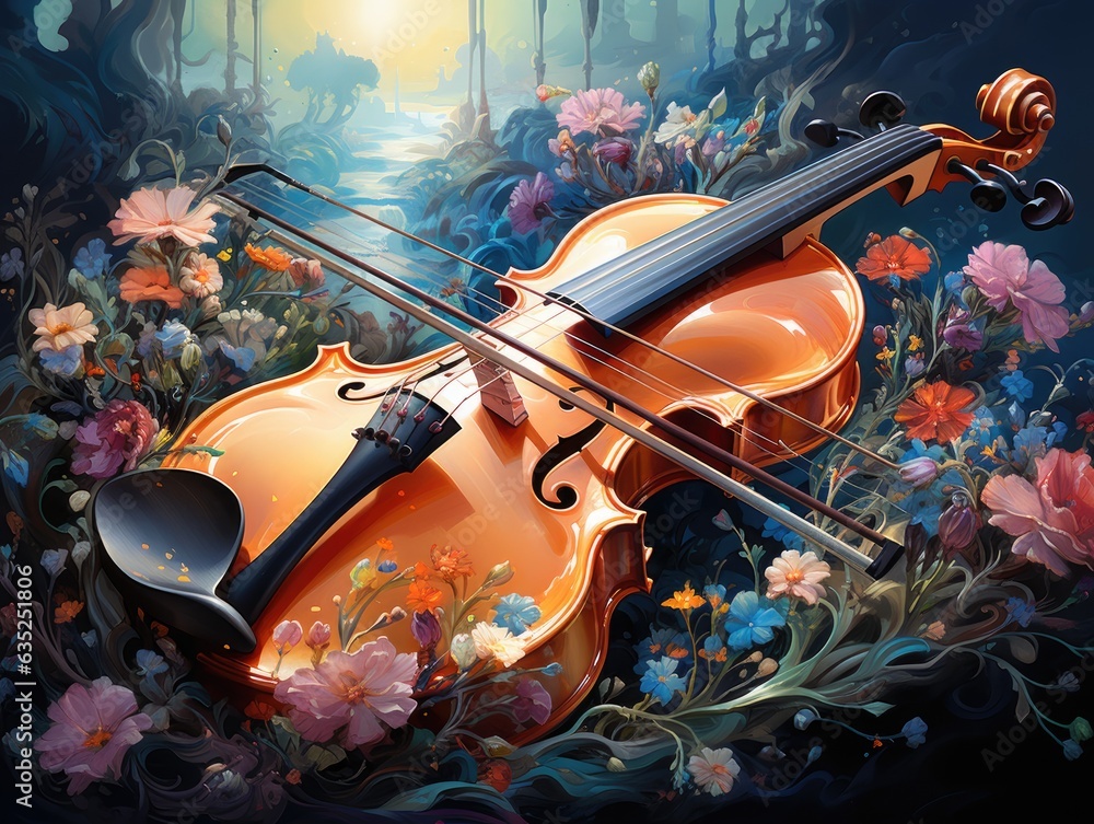 Illustration of a vibrant painting featuring a violin surrounded by a picturesque field of blooming flowers. Generative AI