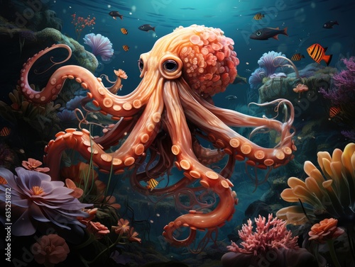 Illustration of an octopus swimming in the deep blue ocean. Generative AI
