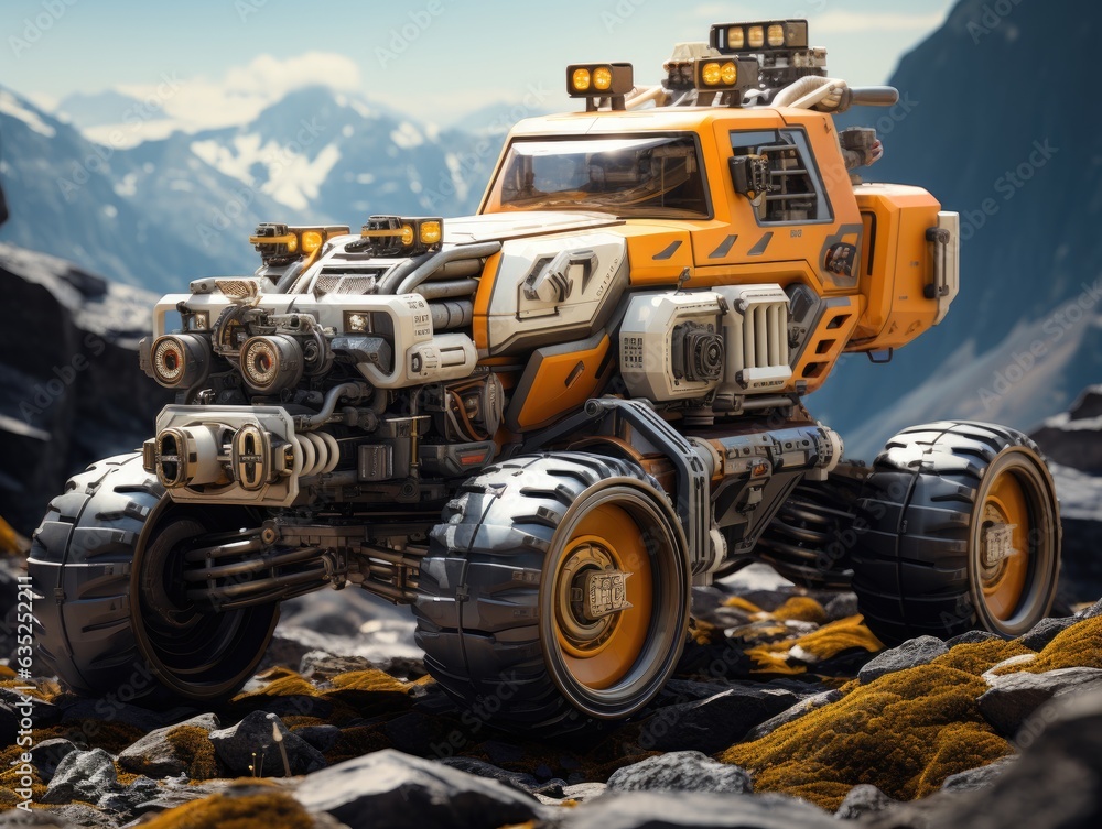 Illustration of an orange and white truck on rocky terrain. Generative AI