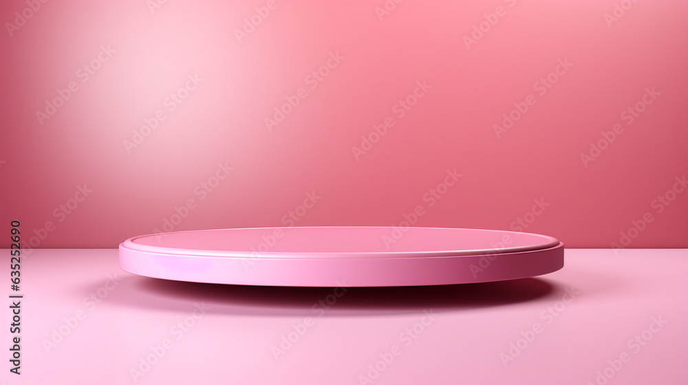 A platform or podium set against a pink studio background, designed for the purpose of showcasing and presenting a product. A platform or podium set against a pink studio background, designed for the purpose of showcasing and presenting a product.