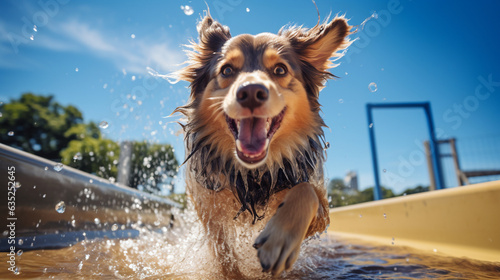 A joyful dog gleefully sliding down a water slide in an extensive aqua park. © Julia
