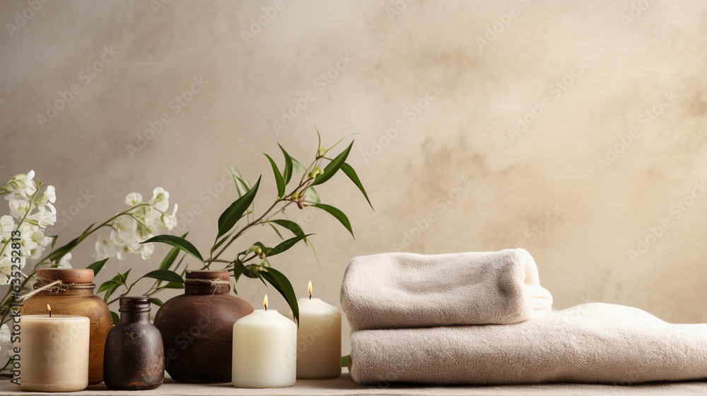 Natural cosmetics, ingredients, and bathroom or spa accessories elegantly organized against the backdrop of a banner.