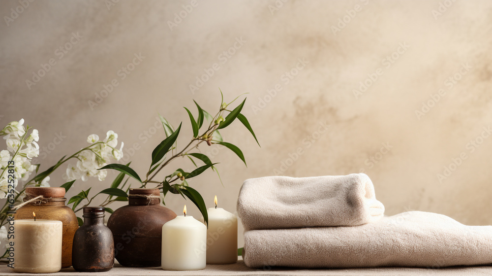 Natural cosmetics, ingredients, and bathroom or spa accessories elegantly organized against the backdrop of a banner. Natural cosmetics, ingredients, and bathroom or spa accessories elegantly organized against the backdrop of a banner.