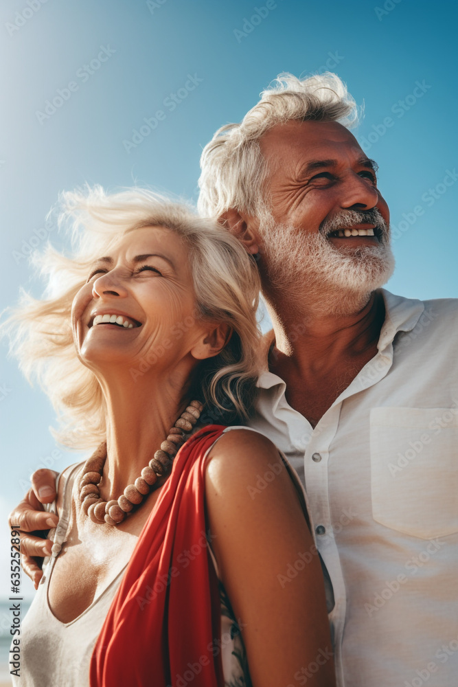 Affectionate senior couple on a boat trip at sunset. Insurance and retirement pension plan concept. High quality photo