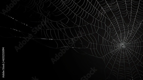 Halloween spider web with dew drops on dark background, eerie and spooky.
