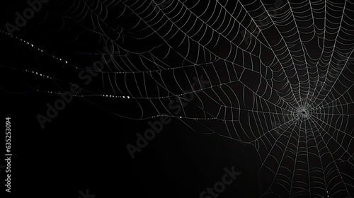 Halloween spider web with dew drops on dark background, eerie and spooky. © Postproduction