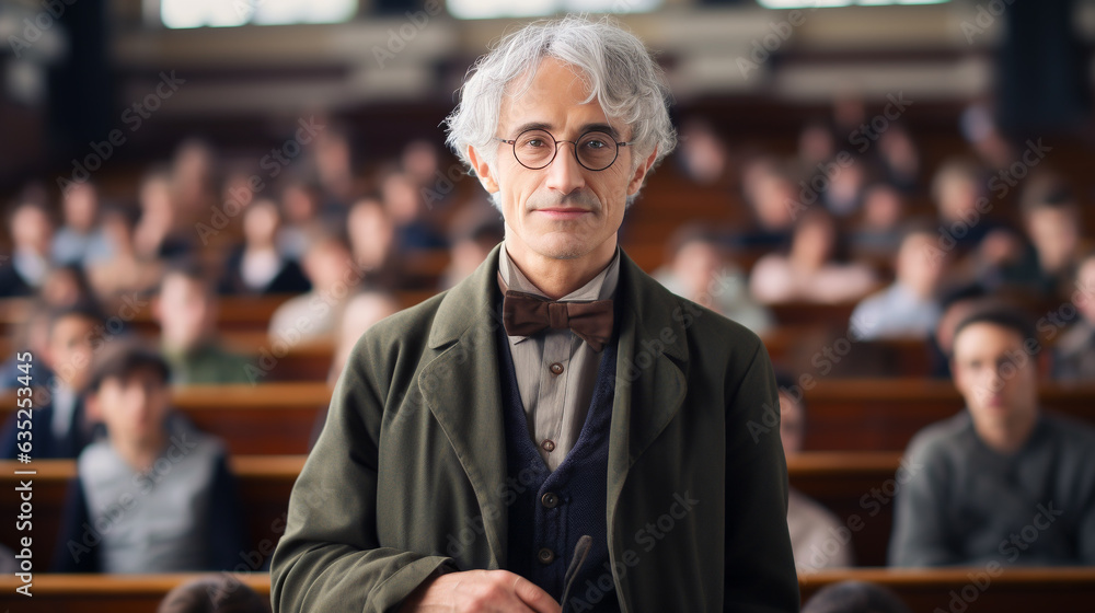 Generative AI, a gray-haired old mature professor in glasses stands against the backdrop of a university office, an audience, a researcher, a scientist, a doctor of science, a lecturer Generative AI, a gray-haired old mature professor in glasses stands against the backdrop of a university office, an audience, a researcher, a scientist, a doctor of science, a lecturer