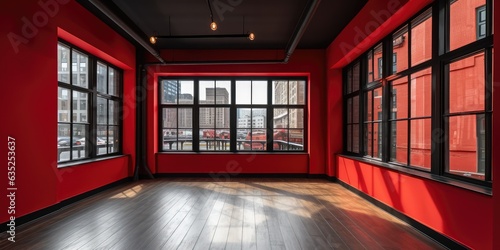 Red room with blackwindow frames and white funaces photo
