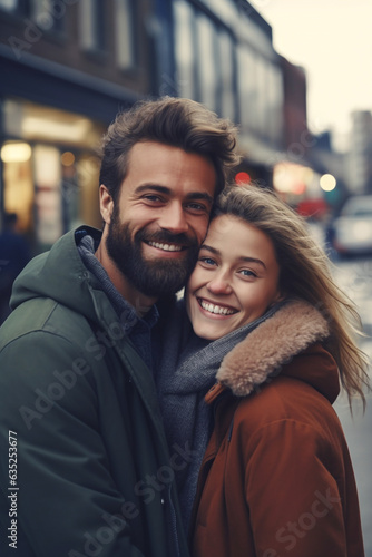 Portrait of a happy European couple in a city looking towards the camera. High quality photo © Starmarpro