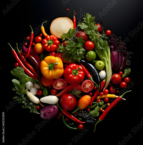 Composition with variety of raw organic vegetables on black background  top view