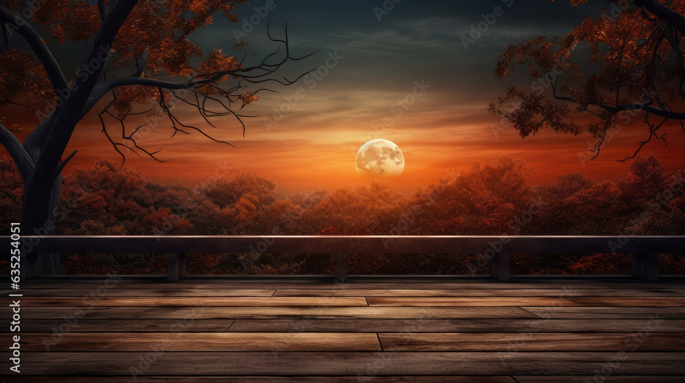 Halloween background with forest and full moon on orange sunset and wooden table in foreground.