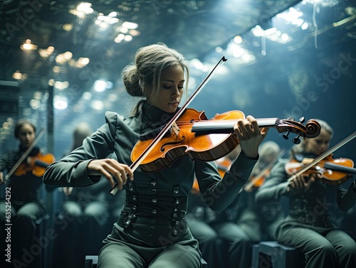 Illustration of a woman playing the violin in front of an captivated audience. Generative AI
